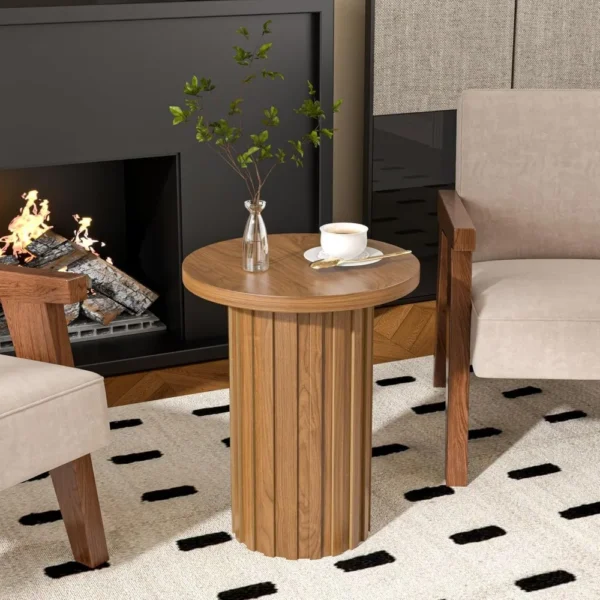 Farmhouse Pedestal End Table Round Side Table with Fluted Panel Rustic Drink Table for Small Space Living Room - Image 5