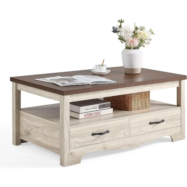 Farmhouse Coffee Table with Storage, Wood Coffee Table for Living Room, Open Display Area and Storage Drawers with Me